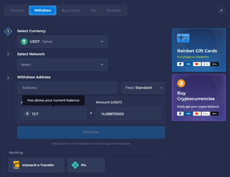 rainbet withdrawal page